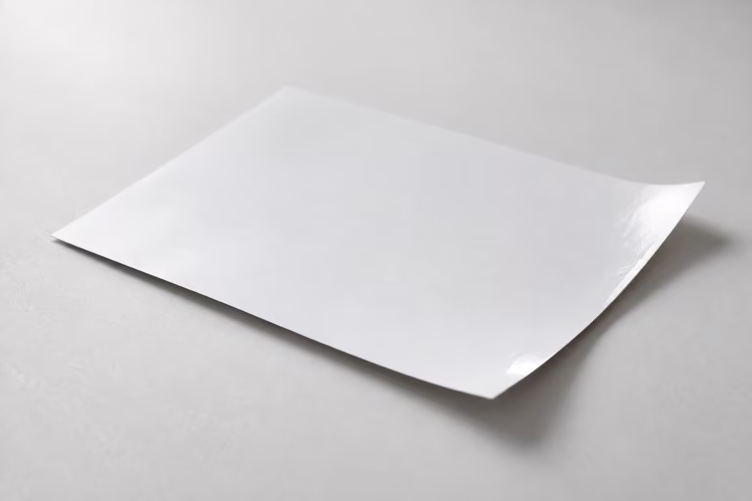 A photographic print lying face down on a grey surface, its blank back showing